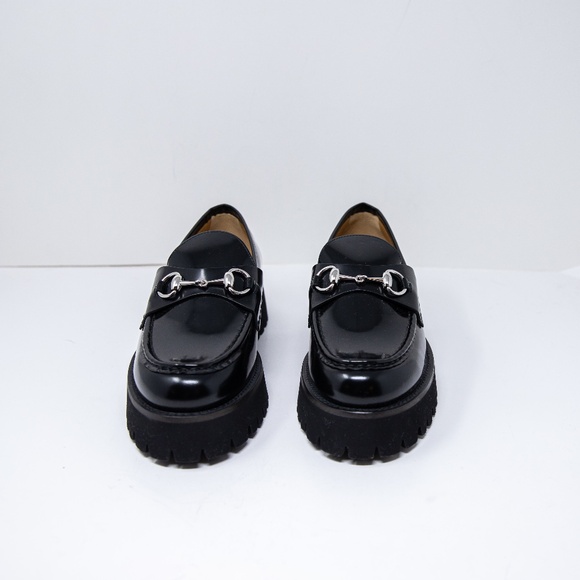 NEW Gucci Genuine Leather Rubber Lug Sole Interlocking Horsebit Loafers Shoes - Picture 2 of 4